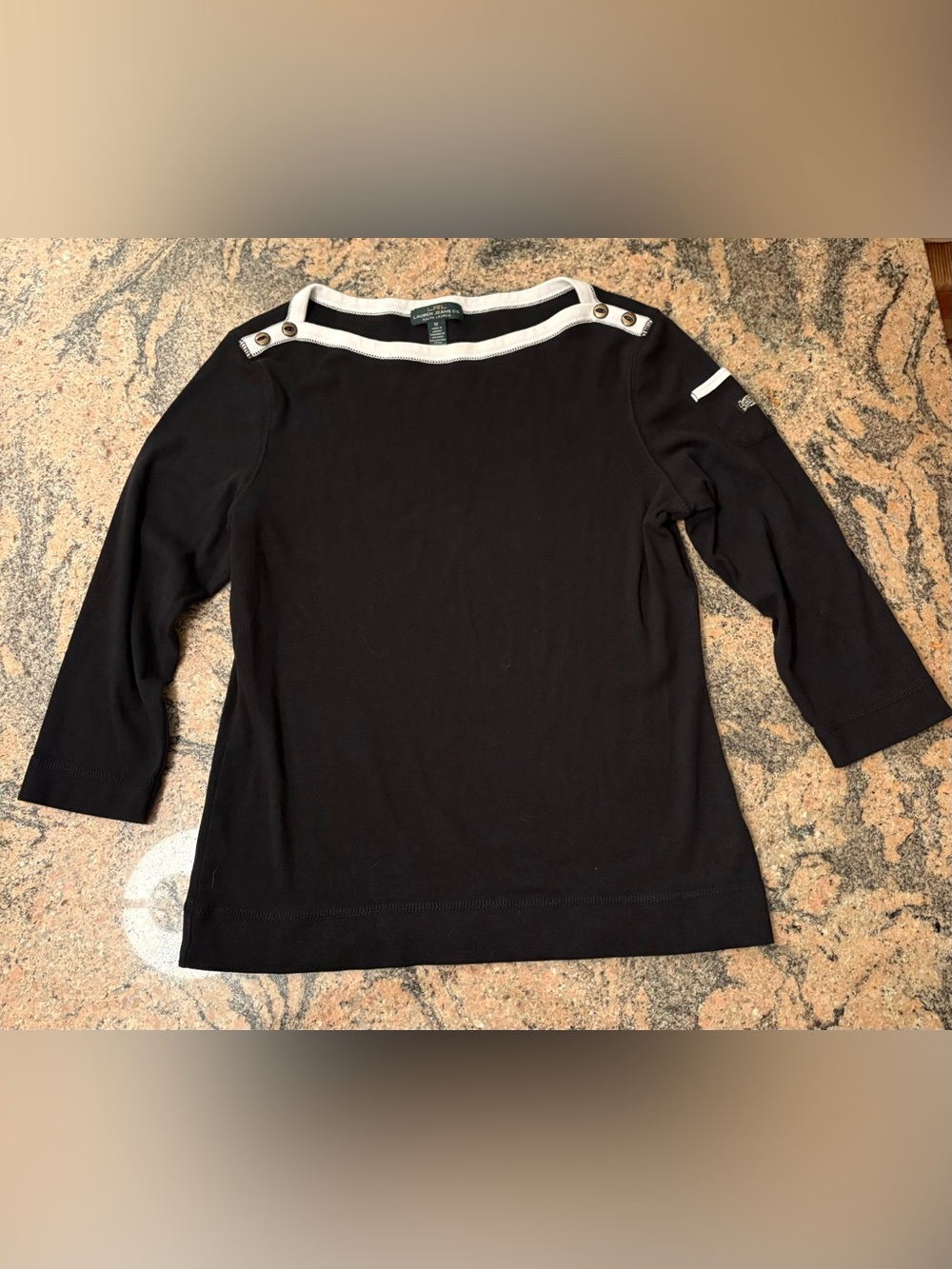 Lauren Jeans Co. Ralph Lauren Top Size M Black Boat Neck Shoulder Buttons